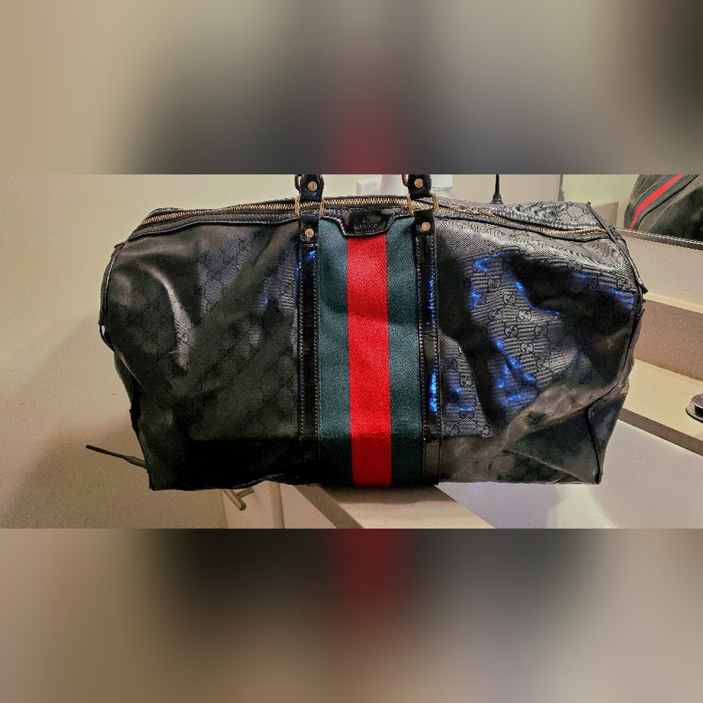 Gucci Black Duffel Bag with Red and Green Stripes